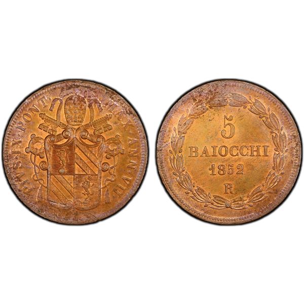 PAPAL STATES: Pius IX, 1846-1870, AE 5 baiocchi, 1852-R year VII, PCGS MS63 RB