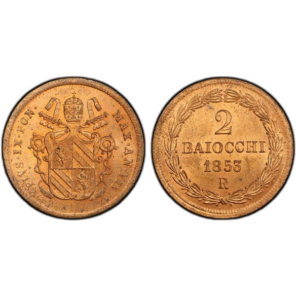 PAPAL STATES: Pius IX, 1846-1870, AE 2 baiocchi, 1853-R year VII, PCGS MS65 RD