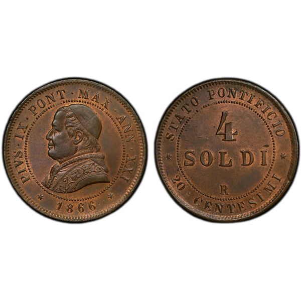 PAPAL STATES: Pius IX, 1846-1878, AE 4 soldi / 20 centesimi, 1866-R year XXI, PCGS MS64 RB