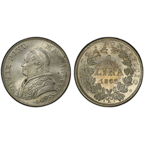 PAPAL STATES: Pius IX, 1846-1878, AR lira, 1866-R year XXI, PCGS MS65