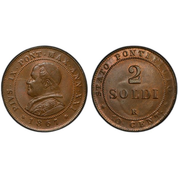 PAPAL STATES: Pius IX, 1846-1878, AE 2 soldi, 1867-R year XXI, PCGS MS64 BN