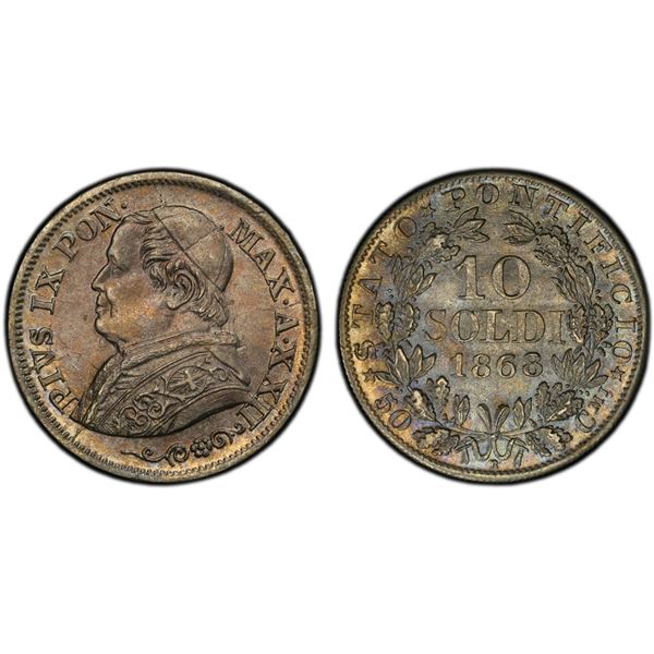 PAPAL STATES: Pius IX, 1846-1878, AR 10 soldi / 50 centesimi, 1868-R year XXII, PCGS MS65