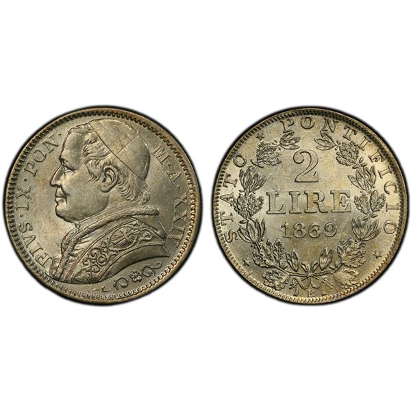 PAPAL STATES: Pius IX, 1846-1878, AR 2 lira, 1869-R year XXIV, PCGS MS64