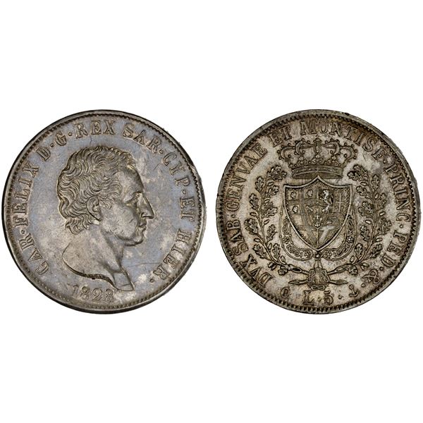 SARDINIA: Carlo Felice, 1821-1831, AR 5 lire, Genoa, 1828(b), XF