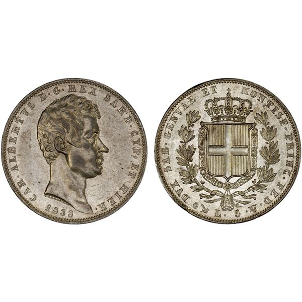 SARDINIA: Carlo Alberto, 1831-1849, AR 5 lire, Genoa, 1838(b), XF