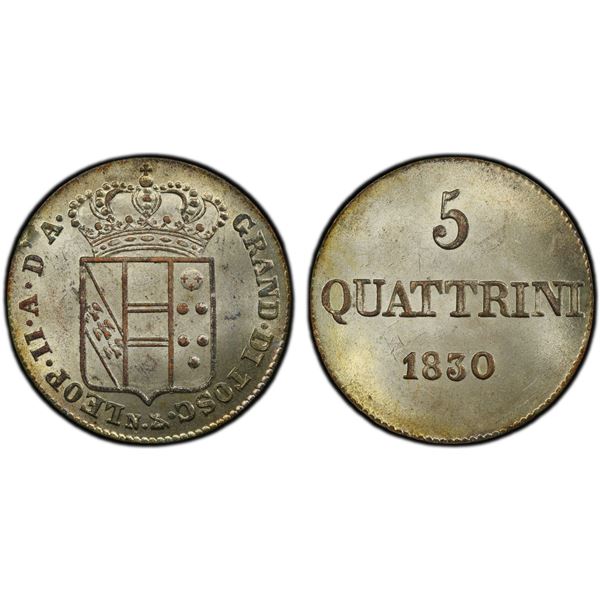 TUSCANY: Leopold II, 1824-1859, BI 5 quattrini, 1830, PCGS MS64