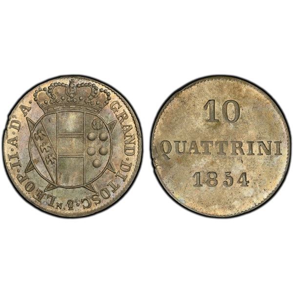 TUSCANY: Leopold II, 1824-1859, BI 10 quattrini, 1854, PCGS MS64
