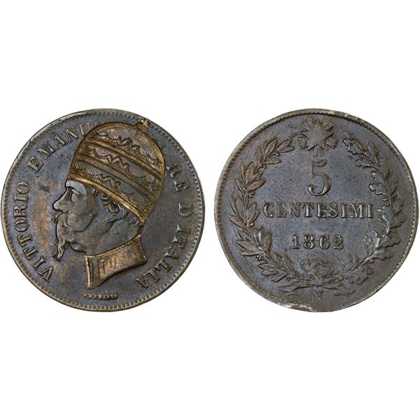ITALY: Vittorio Emanuele II, 1861-1878, AE 5 centesimi, 1862-N, Unc engraving on Fine host