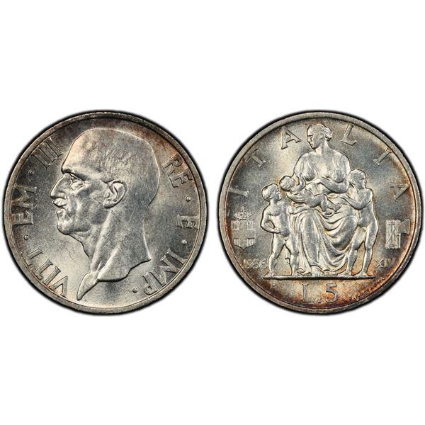 ITALY: Vittorio Emanuele III, 1900-1946, AR 5 lire, 1936-R year XIV, PCGS MS63