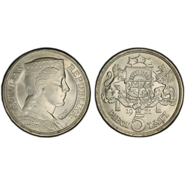 LATVIA: Republic, AR 5 lati, 1931, PCGS MS64