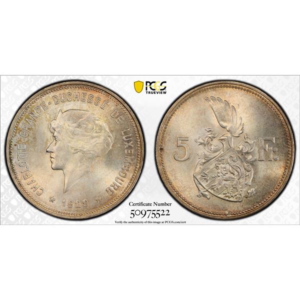 LUXEMBOURG: Charlotte, 1919-1964, AR 5 francs, 1929, PCGS MS65