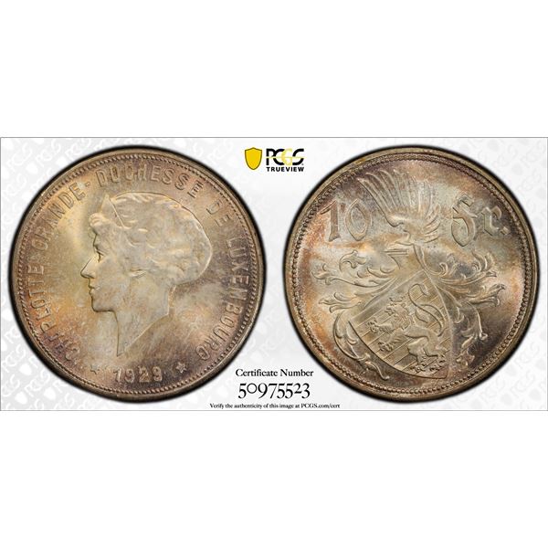 LUXEMBOURG: Charlotte, 1919-1964, AR 10 francs, 1929, PCGS MS65