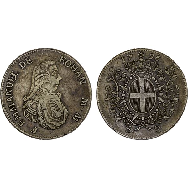 MALTA: Emmanuel de Rohan-Polduc, 1775-1797, AR 2 scudi, 1796, VF