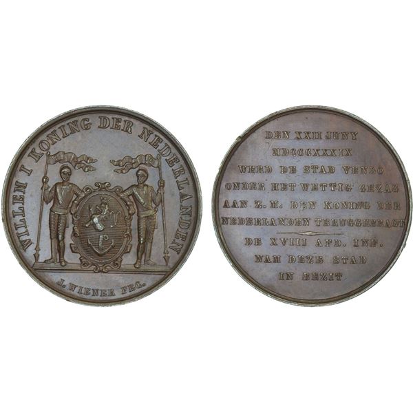 NETHERLANDS: Willem I, 1815-1840, AE medalet (9.36g), 1839, Choice XF