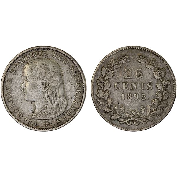 NETHERLANDS: Wilhelmina I, 1890-1948, AR 25 cents, 1895, F-VF