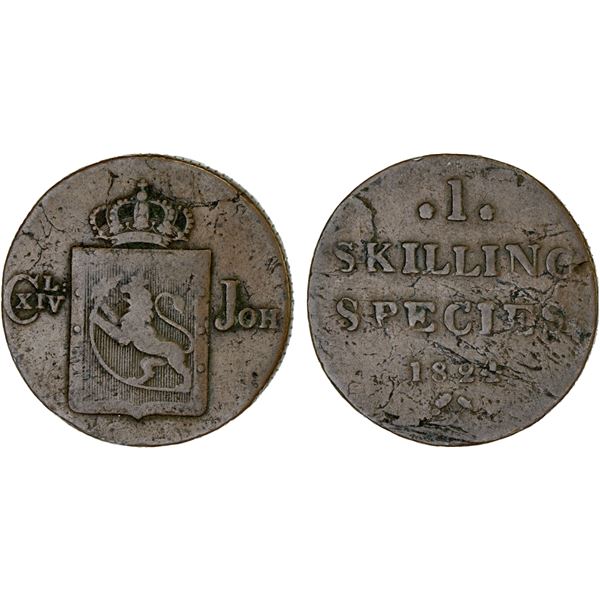 NORWAY: Carl XIV Johan, 1818-1844, AE skilling, 1824, VG-F