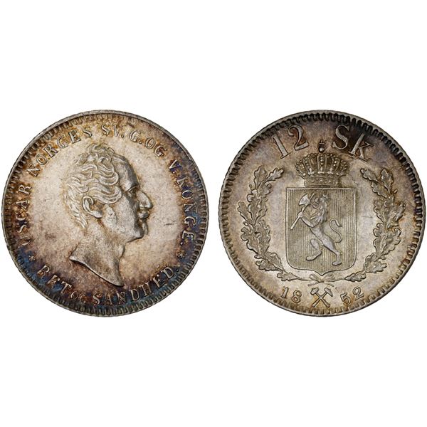NORWAY: Oscar I, 1844-1859, AR 12 skilling (2.90g), 1852, AU