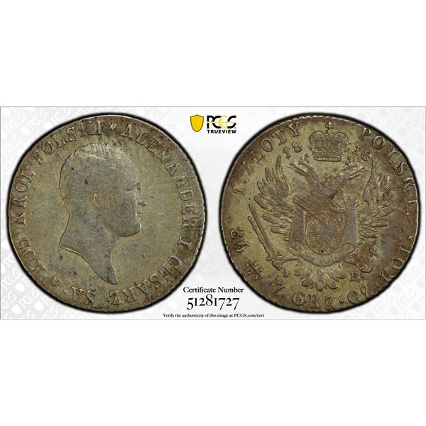 POLAND: Alexander I, 1815-1825, AR zloty, Warsaw, 1818, PCGS EF40