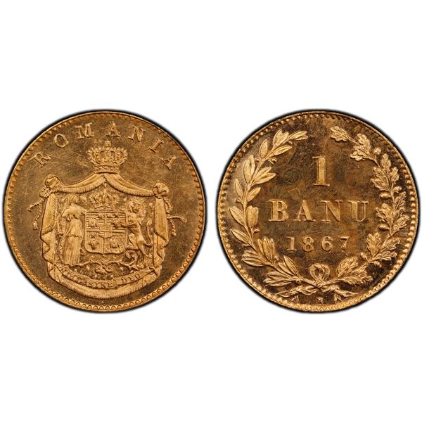 ROMANIA: Carol I, Prince, 1866-1881, AE banu, 1867-H, PCGS Specimen 66 RD