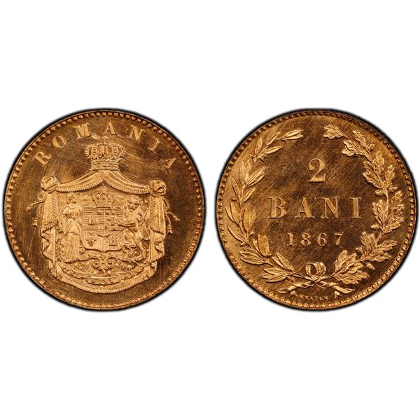 ROMANIA: Carol I, Prince, 1866-1881, AE 2 bani, 1867-H, PCGS Specimen 66 RD