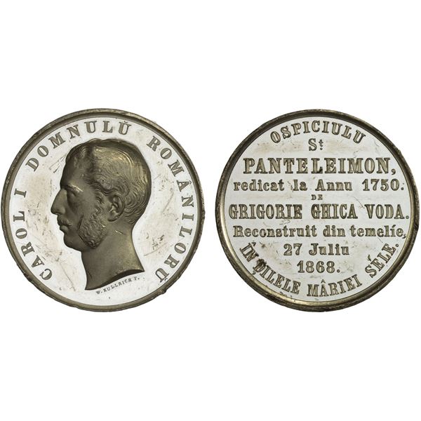 ROMANIA: Carol I, Prince, 1866-1881, medal (31.96g), 1868, AU