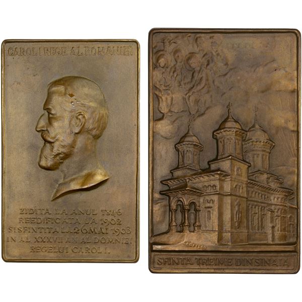 ROMANIA: Carol I, King, 1881-1914, AE plaque (116.2g), 1903, Choice AU