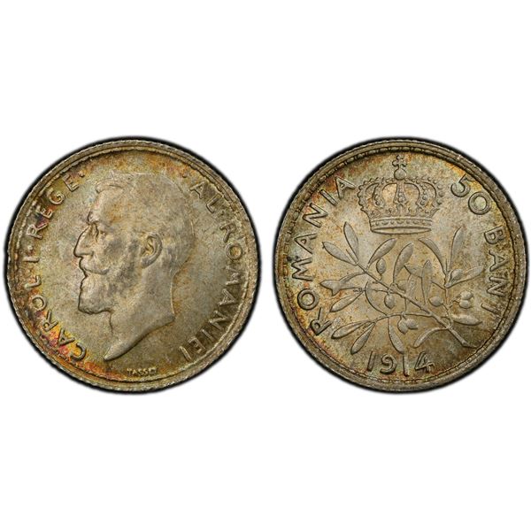ROMANIA: Carol I, King, 1881-1914, AR 50 bani, Brussels, 1914, PCGS MS65