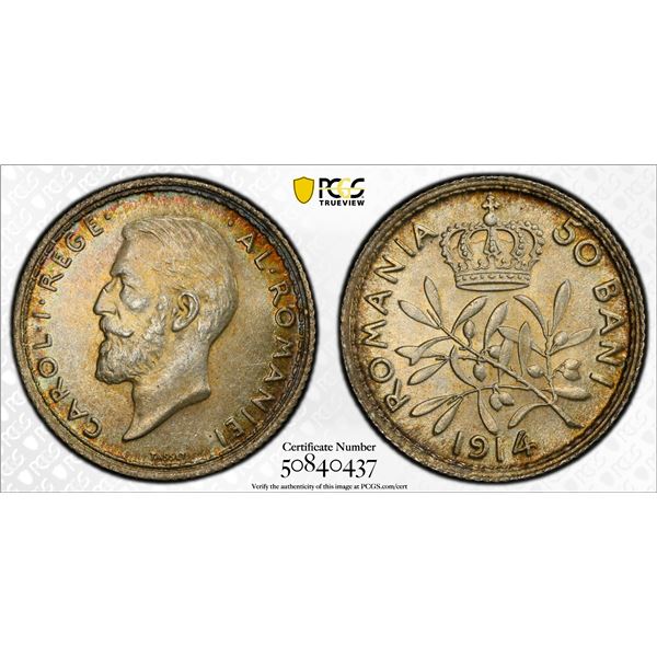 ROMANIA: Carol I, King, 1881-1914, AR 50 bani, Brussels, 1914, PCGS MS64