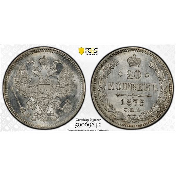 RUSSIA: Alexander II, 1855-1881, AR 20 kopeks, 1873, PCGS UNC details