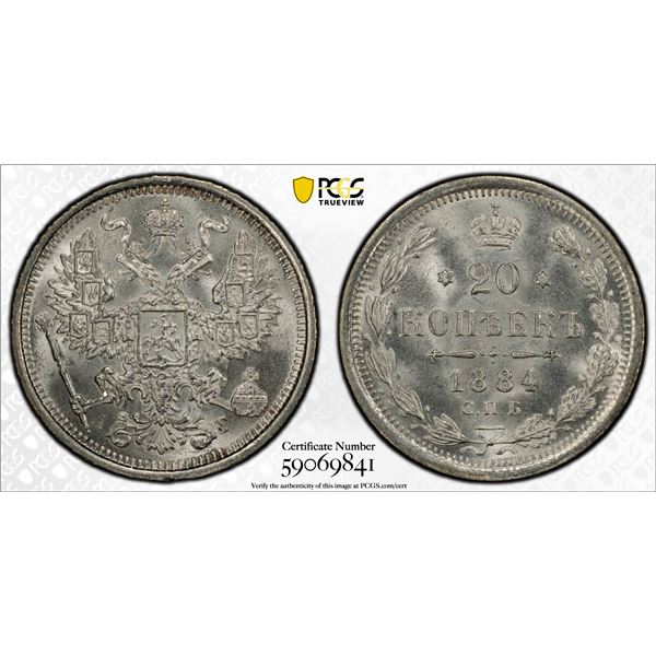 RUSSIA: Alexander III, 1881-1894, AR 20 kopeks, 1884, PCGS MS66