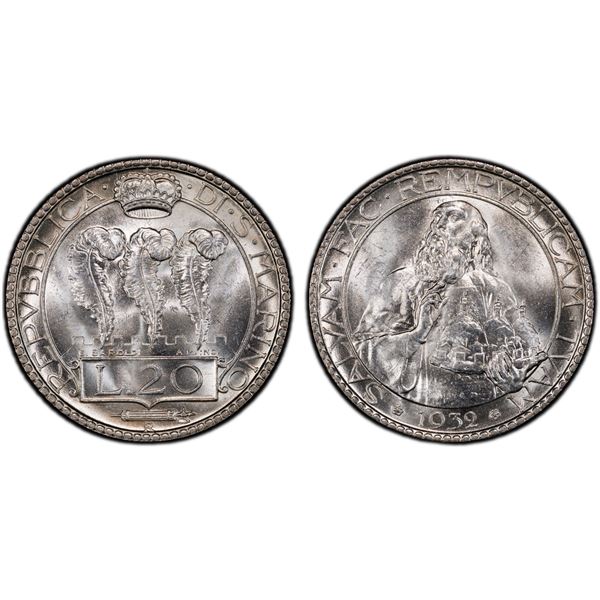 SAN MARINO: Republic, AR 20 lire, 1931-R, PCGS MS64