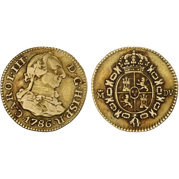 SPAIN: Carlos III, 1759-1788, AV 1/2 escudo, Madrid, 1786-M, Fine