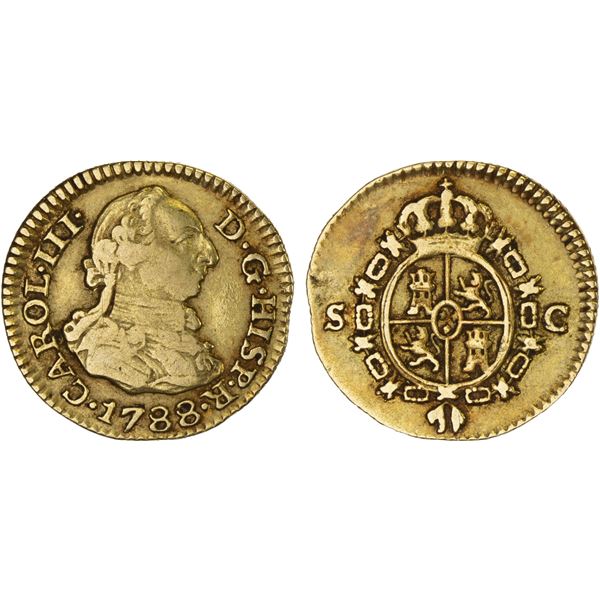 SPAIN: Carlos III, 1759-1788, AV 1/2 escudo, Seville, 1788-S, Fine
