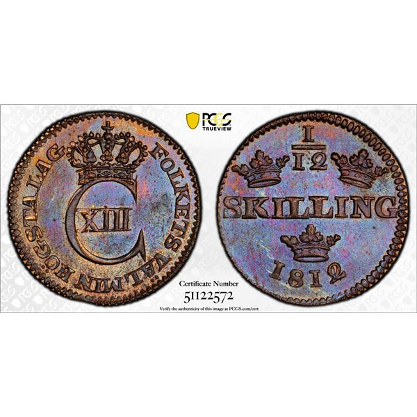 SWEDEN: Karl XIII, 1809-1818, AE 1/12 skilling, 1812, PCGS MS64 BN