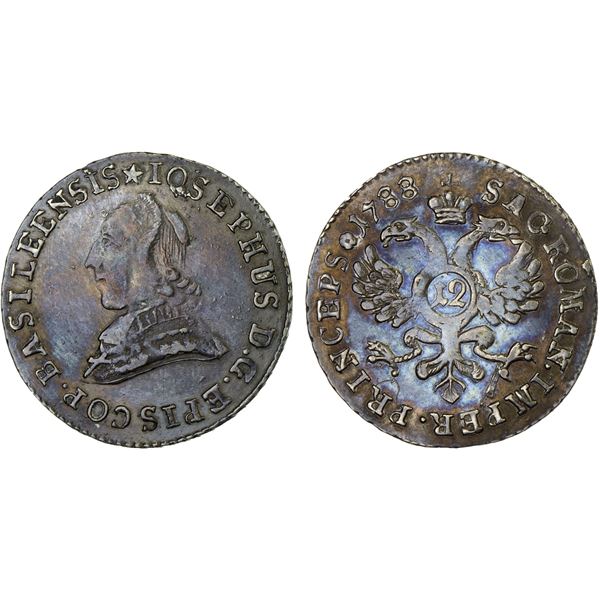 SWITZERLAND: BASEL: Joseph Sigismund von Roggenbach, 1782-1793, AR 12 kreuzer, 1788, XF