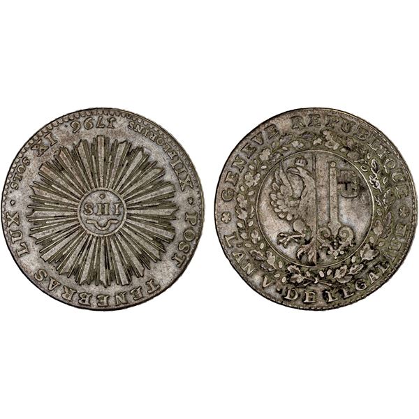 SWITZERLAND: GENEVA: Republic, AR 12 florins 9 sols (thaler), 1796 year 5, VF