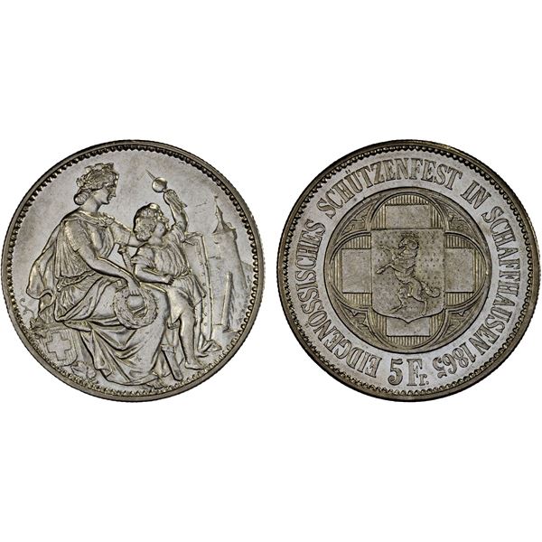 SWITZERLAND: Confederation, AR 5 francs, 1865, XF