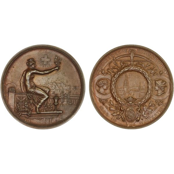 SWITZERLAND: Confederation, AE medal (38.36g), 1895, Choice AU