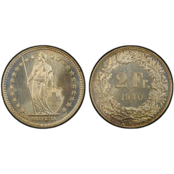SWITZERLAND: Confederation, AR 2 francs, 1940-B, PCGS MS66
