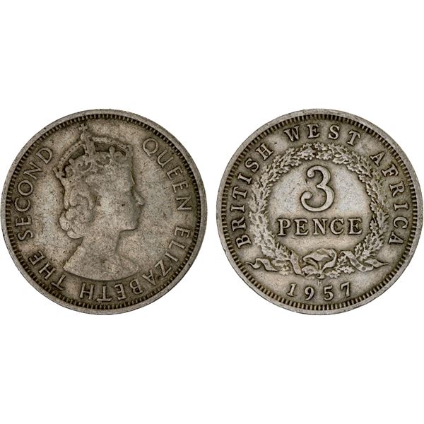 BRITISH WEST AFRICA: Elizabeth II, 1952-2022, 3 pence, 1957-H, VF