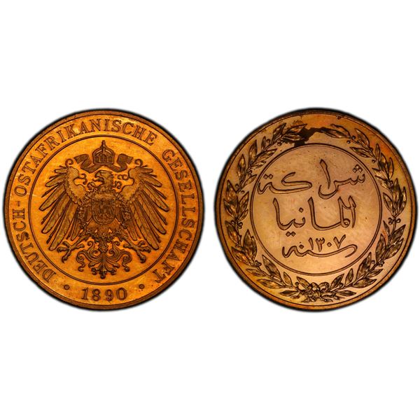 GERMAN EAST AFRICA: Wilhelm II, 1888-1918, AE pesa, 1890/AH1307, PCGS Proof 64 RD