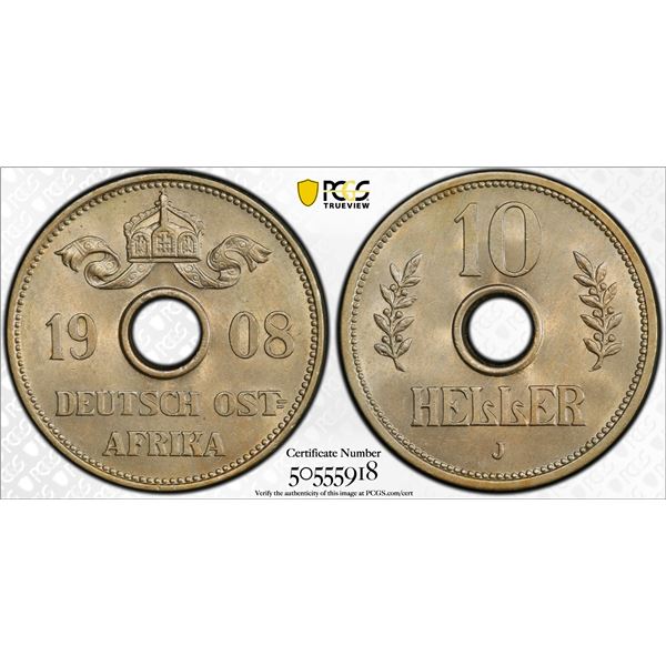 GERMAN EAST AFRICA: Wilhelm II, 1888-1918, 10 heller, 1908-J, PCGS MS64