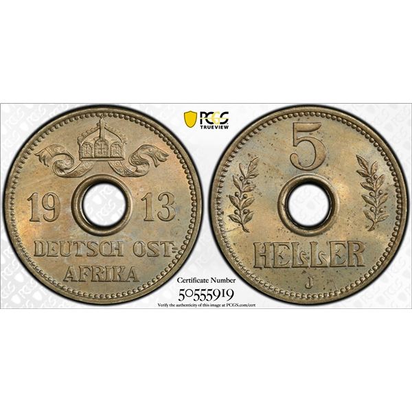 GERMAN EAST AFRICA: Wilhelm II, 1888-1918, 5 heller, 1913-J, PCGS MS64