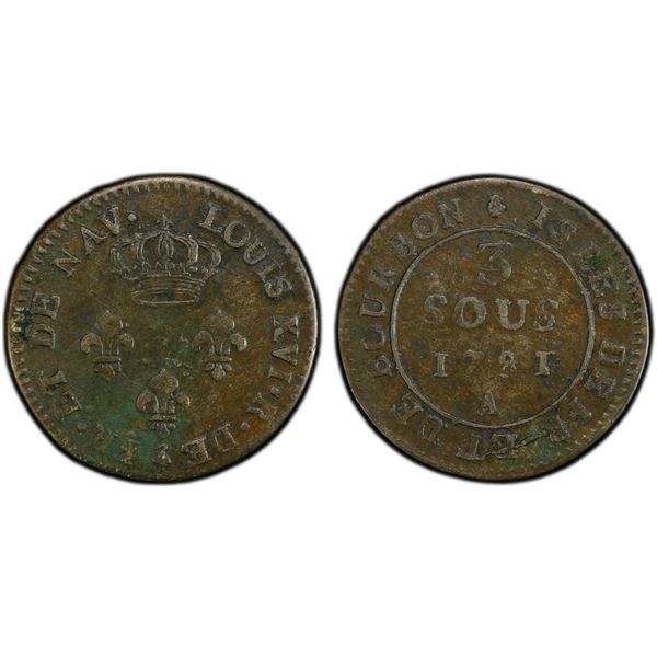 MAURITIUS: Isle de France et de Bourbon, BI 3 sous, 1781-A, PCGS EF40