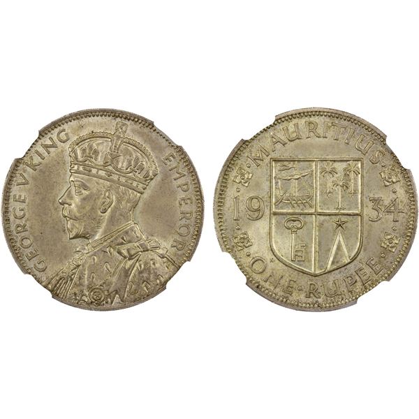 MAURITIUS: George V, 1910-1936, AR rupee, 1934, NGC MS64