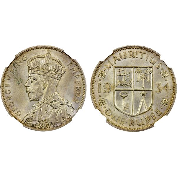 MAURITIUS: George V, 1910-1936, AR rupee, 1934, NGC MS63