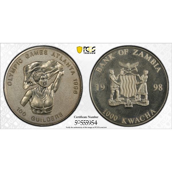 ZAMBIA: Republic, 1000 kwacha / 100 guilders, 1998, PCGS Proof 67