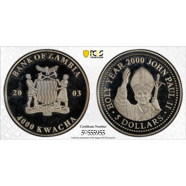 ZAMBIA: Republic, 1000 kwacha / 5 dollars, 2003, PCGS Proof 67 DCAM