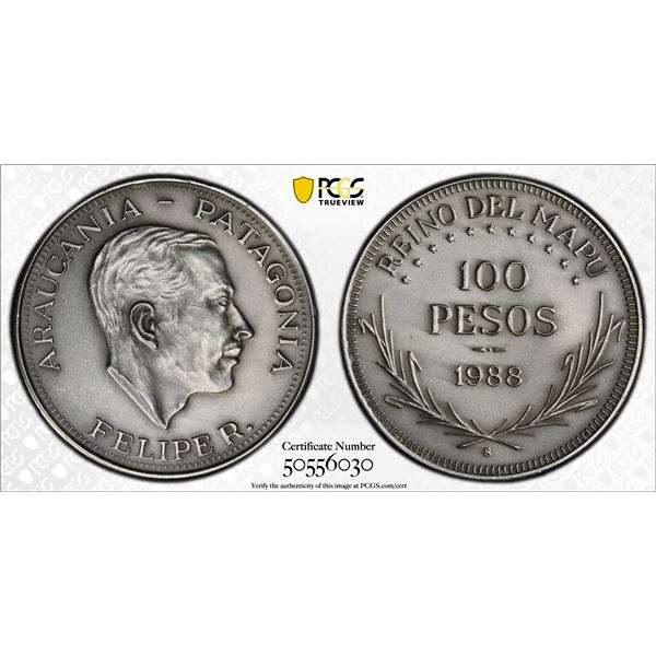 ARAUCANIA AND PATAGONIA: Felipe I, 1952-2014, 100 pesos, 1988, PCGS Specimen 64
