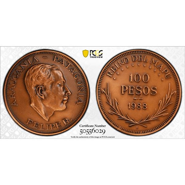 ARAUCANIA AND PATAGONIA: Felipe I, 1952-2014, 100 pesos, 1988, PCGS Specimen 63